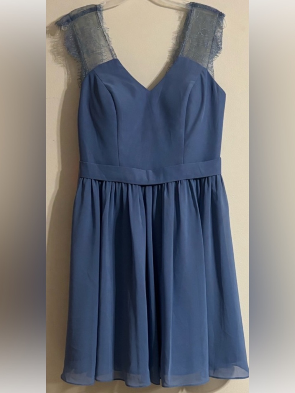 JJs House Slate Blue Chiffon V-Neck Dress with Lace Cap Sleeves